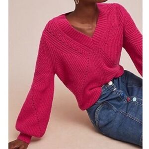 NWT Anthropologie Chloe Oliver Hot Pink Wool Eyelet Balloon Sleeve Sweater Small